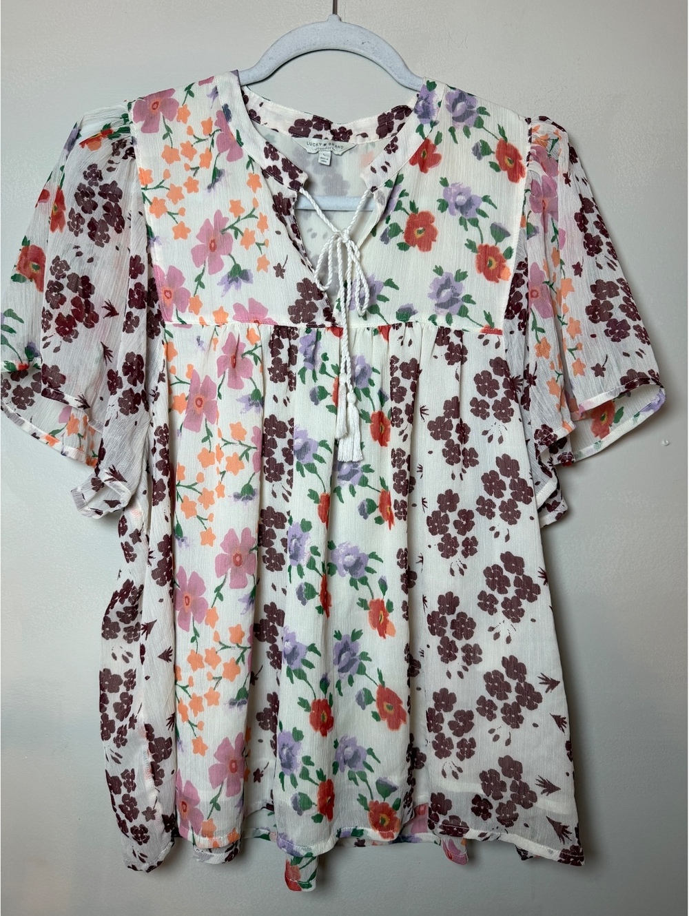 Lucky Brand Women's Floral Printed Boho Peasant Blouse Size Large